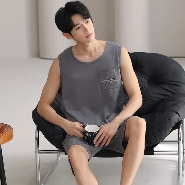 俏佳人 纯棉透气简约套头舒适休闲慵懒风可外穿背心家居服睡衣套装 男款