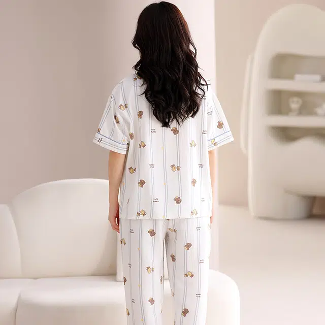 俏佳人 带胸垫条纹卡通印花三件套舒适开衫透气亲肤短袖家居服睡衣套装 女款