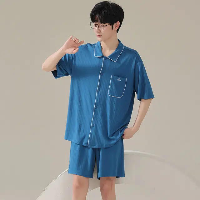 俏佳人 纯色基础柔软亲肤休闲开衫慵懒宽松短袖短裤家居服睡衣套装 男款