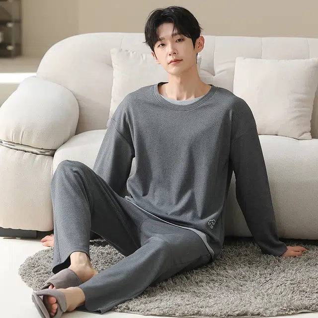 俏佳人 纯棉套头圆领休闲宽松可外穿家居服拼色亲肤柔软舒适透气长袖长裤睡衣套装 男款