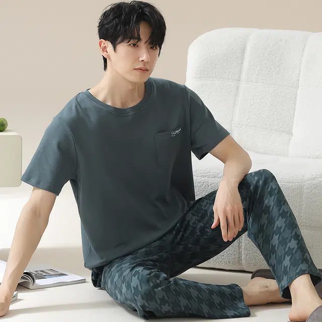 俏佳人 韩版柔软亲肤休闲短袖长裤慵懒家居服睡衣套装 男款