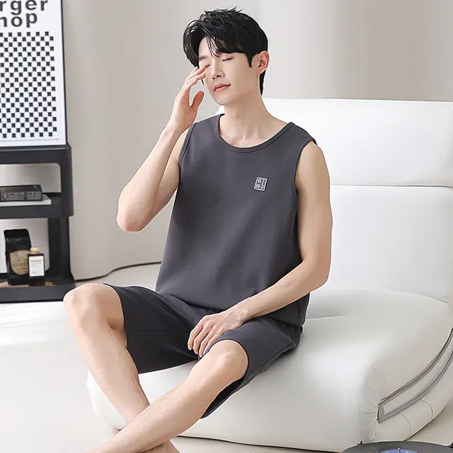 俏佳人 纯棉舒适透气家居服慵懒休闲背心睡衣套装 男款