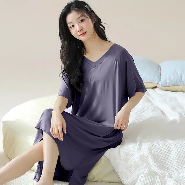 俏佳人 带胸垫垂感柔软亲肤透气纯色休闲短袖家居服睡裙 女款
