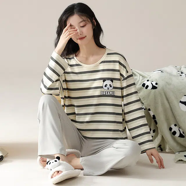 俏佳人 纯棉圆领套头条纹熊猫休闲宽松舒适亲肤透气长袖长裤可外穿家居服睡衣套装 女款