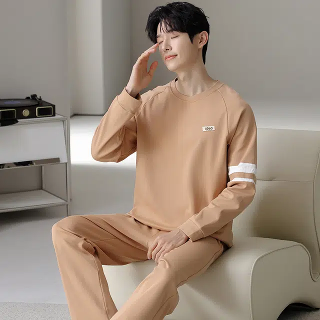 俏佳人 纯棉圆领套头休闲宽松柔软舒适可外穿长袖长裤简约时尚家居服睡衣套装 男款