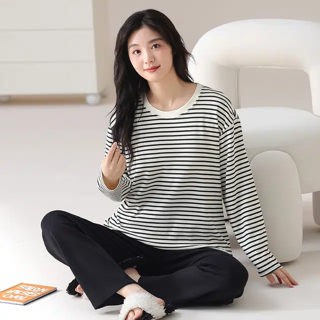俏佳人 纯棉基础圆领套头条纹休闲宽松舒适亲肤透气长袖长裤可外穿家居服睡衣套装 女款