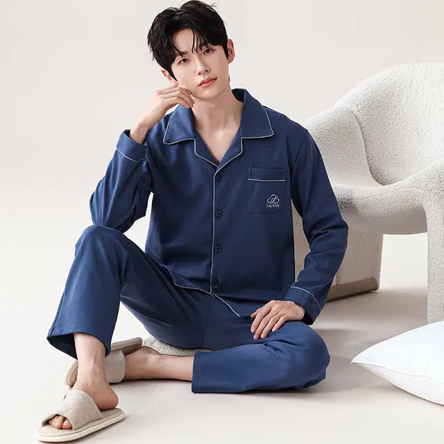 俏佳人 翻领开衫简约时尚舒适透气长袖长裤纯色家居服睡衣套装 男款 宝蓝色