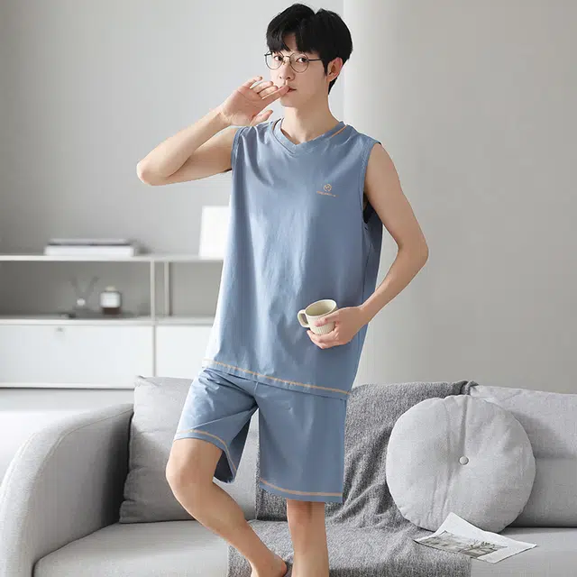 俏佳人 纯色印花柔软亲肤韩版基础休闲慵懒家居服睡衣套装 男款