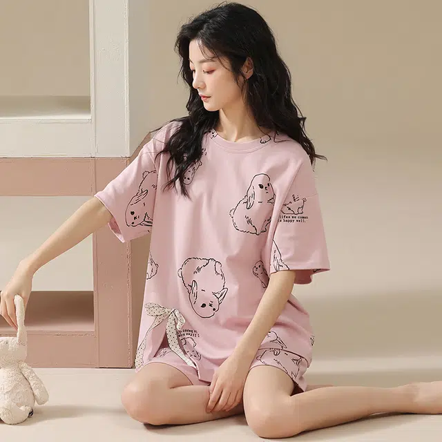 俏佳人 柔软亲肤休闲可外穿套头短袖慵懒家居服睡衣套装 女款