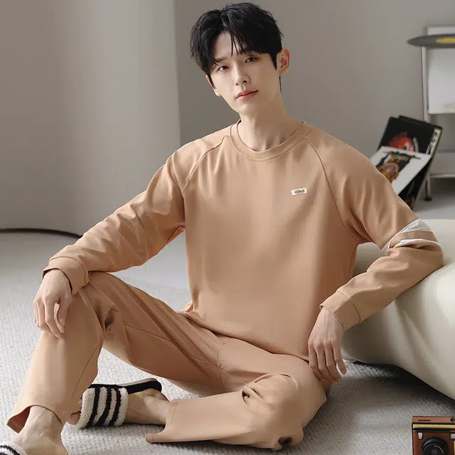 俏佳人 纯棉圆领套头休闲宽松柔软舒适可外穿长袖长裤简约时尚家居服睡衣套装 男款