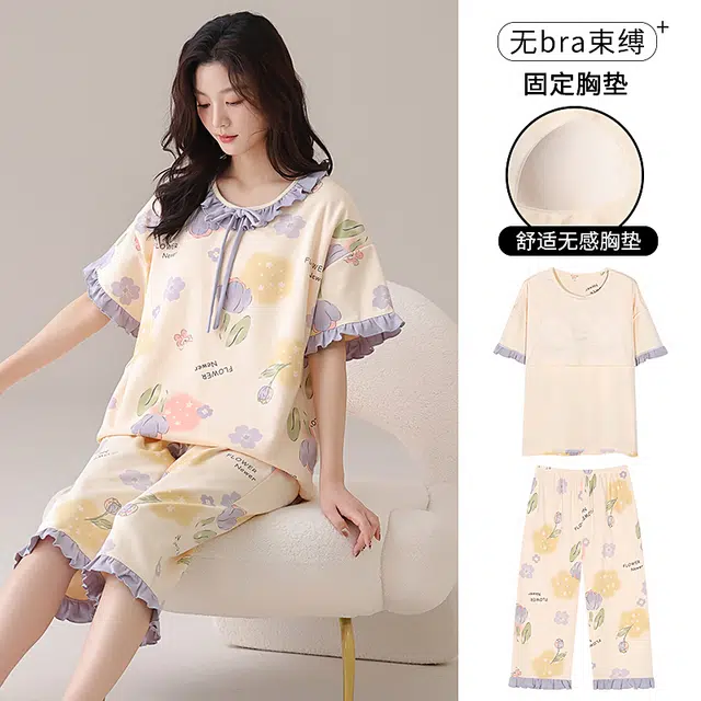 俏佳人 带胸垫圆领短袖上衣可外穿七分裤睡衣套装 女款 紫色郁金香