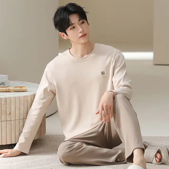 俏佳人 纯棉套头圆领休闲宽松可外穿家居服纯色柔软亲肤舒适透气长袖长裤睡衣套装 男款