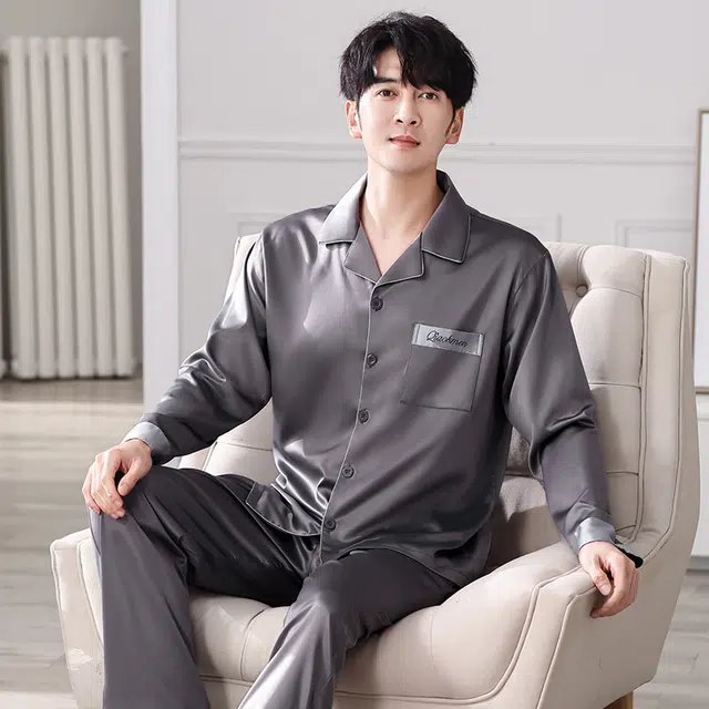 俏佳人 丝滑冰丝高级感开衫翻领简约纯色休闲亲肤舒适透气家居服长袖长裤睡衣套装 男款