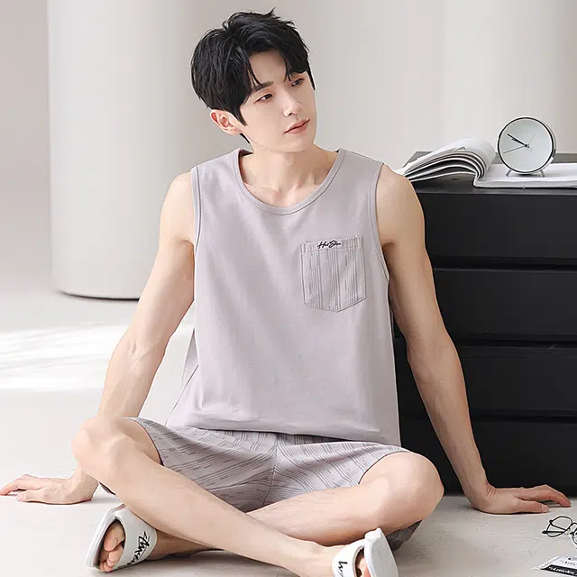 俏佳人 纯棉舒适透气慵懒休闲背心家居服睡衣套装 男款