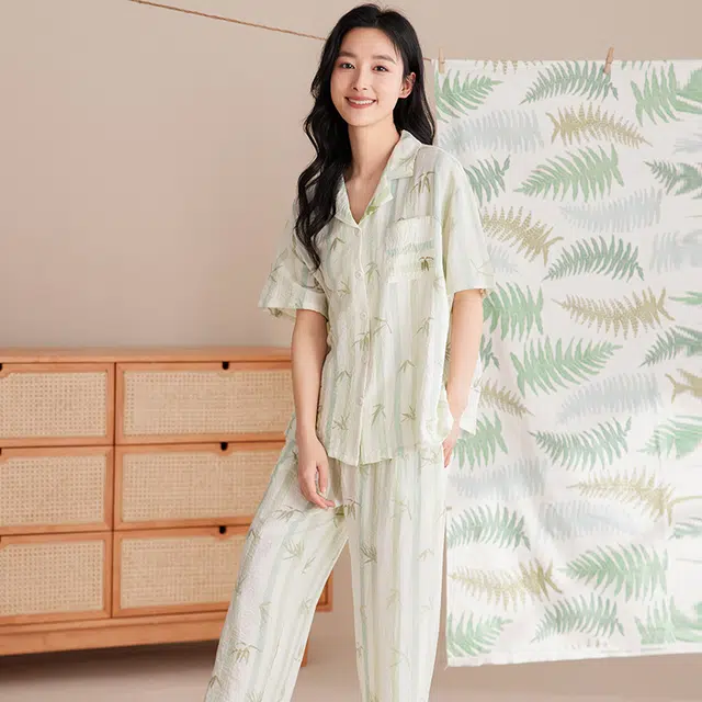 俏佳人 植物印花三件套舒适开衫透气亲肤短袖家居服睡衣套装 女款