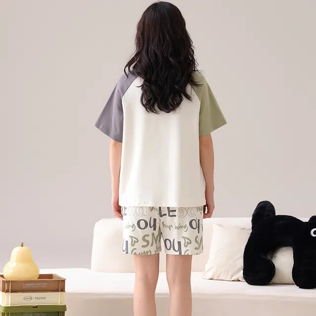 俏佳人 纯棉透气休闲慵懒短袖套头舒适家居服柔软亲肤睡衣套装 女款