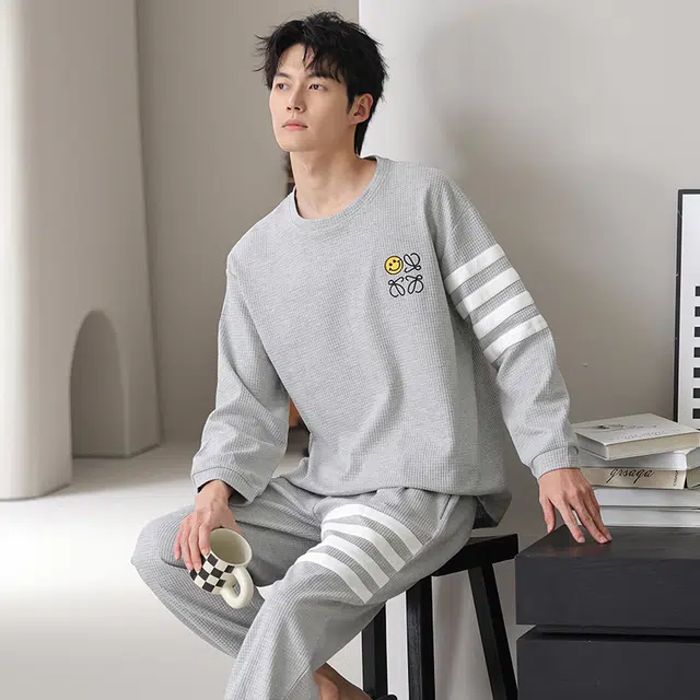 俏佳人 华夫格纯棉简约宽松休闲可外穿圆领套头柔软舒适透气家居服长袖长裤睡衣套装 男款