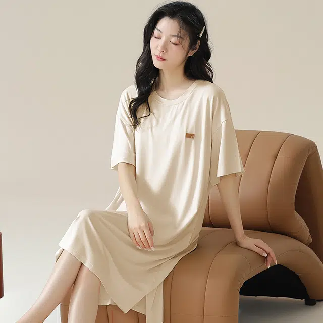 俏佳人 带胸垫垂感舒适柔软亲肤透气纯色休闲短袖慵懒家居服睡裙 女款