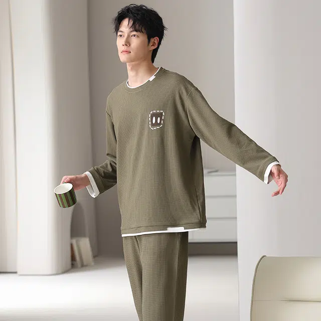 俏佳人 华夫格纯棉重磅简约宽松休闲可外穿圆领套头柔软舒适透气家居服长袖长裤睡衣套装 男款