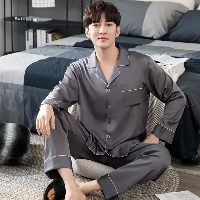 俏佳人 丝滑冰丝高级感开衫翻领纯色简约休闲家居服亲肤舒适透气长袖长裤睡衣套装 男款