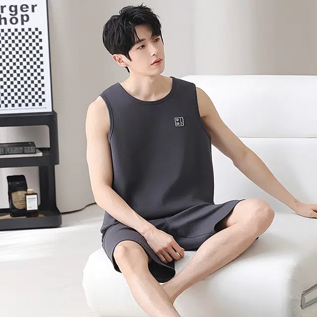 俏佳人 纯棉舒适透气家居服慵懒休闲背心睡衣套装 男款