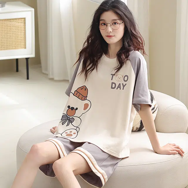 俏佳人 韩版柔软亲肤休闲短袖慵懒可外穿家居服睡衣套装 女款