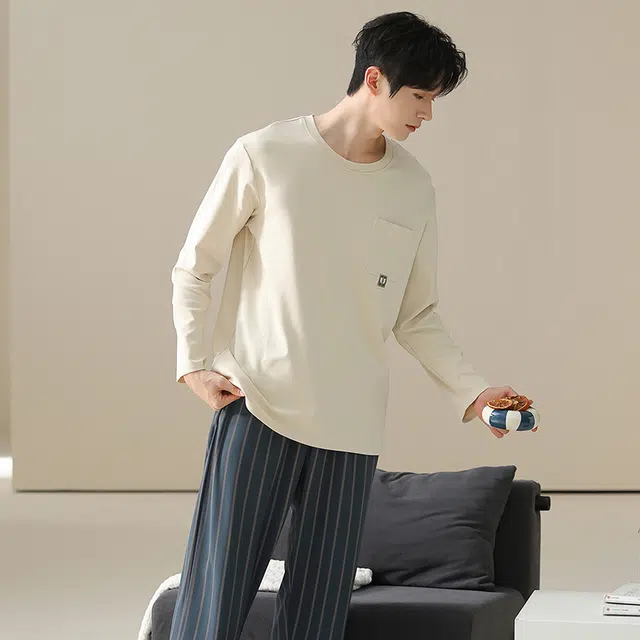 俏佳人 纯棉套头圆领休闲宽松可外穿家居服条纹柔软亲肤舒适透气长袖长裤睡衣套装 男款