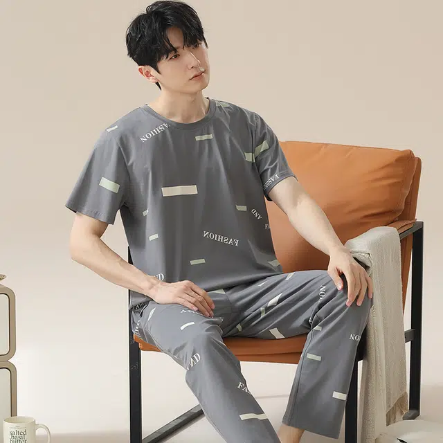 俏佳人 韩版柔软亲肤基础休闲短袖长裤慵懒家居服睡衣套装 男款