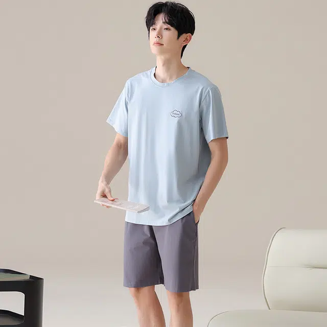 俏佳人 纯棉基础休闲舒适透气慵懒短袖家居服睡衣套装 男款