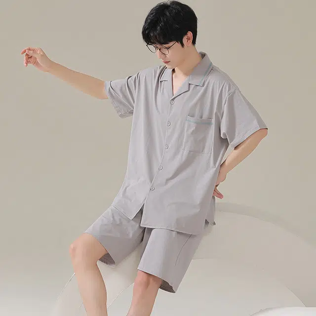 俏佳人 纯色韩版基础柔软亲肤休闲开衫慵懒短袖家居服睡衣套装 男款