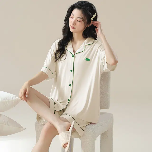 俏佳人 柔软亲肤基础休闲开衫慵懒宽松短袖短裤家居服纯色睡衣套装 女款
