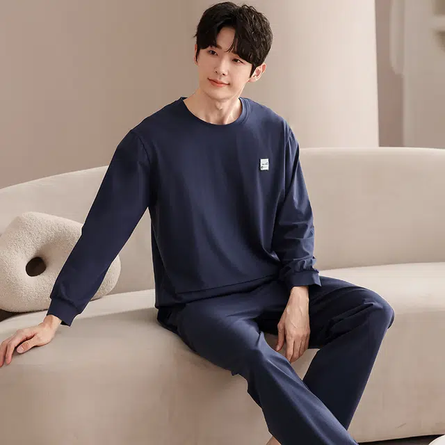 俏佳人 纯棉圆领套头纯色休闲宽松柔软舒适可外穿长袖长裤家居服睡衣套装 男款