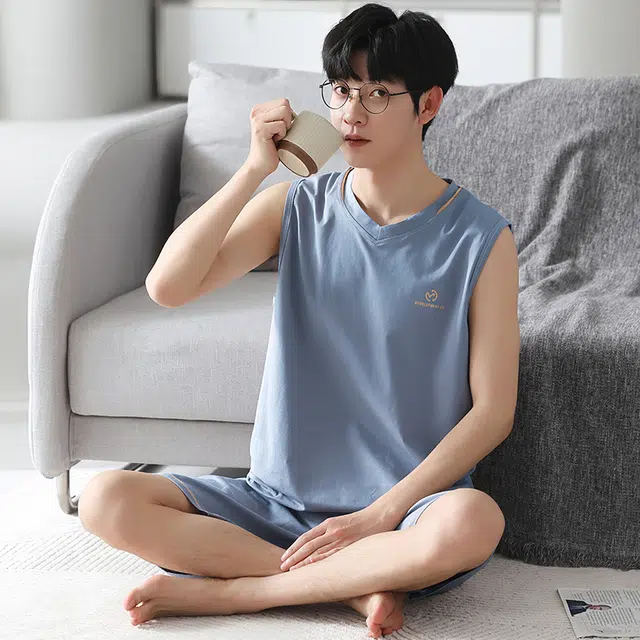 俏佳人 纯色印花柔软亲肤韩版基础休闲慵懒家居服睡衣套装 男款