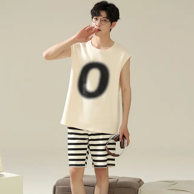 俏佳人 柔软休闲亲肤可外穿套头背心短裤慵懒宽松家居服睡衣套装 男款