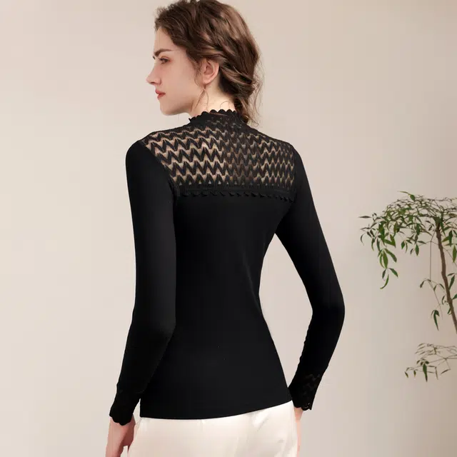 俏佳人 秋冬半高领可内外穿搭蕾丝衣领针织时尚修身保暖上衣 女款