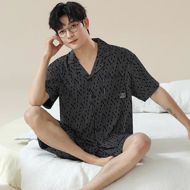 俏佳人 纯色基础柔软亲肤复古休闲开衫慵懒宽松短袖短裤家居服睡衣套装 男款