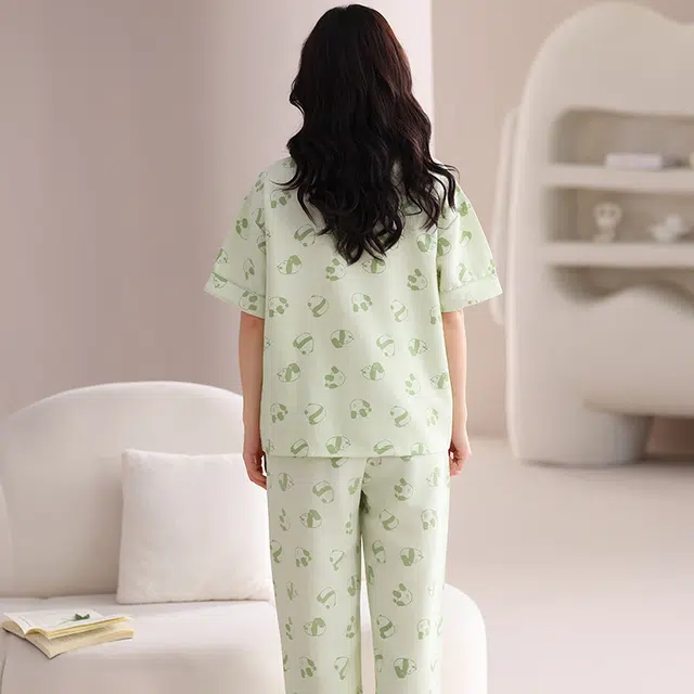 俏佳人 带胸垫植物印花三件套舒适开衫透气亲肤短袖家居服睡衣套装 女款