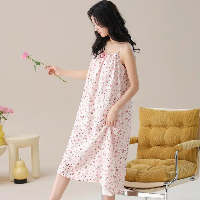 俏佳人 舒适带胸垫透气休闲慵懒吊带家居服柔软亲肤无袖睡裙 女款