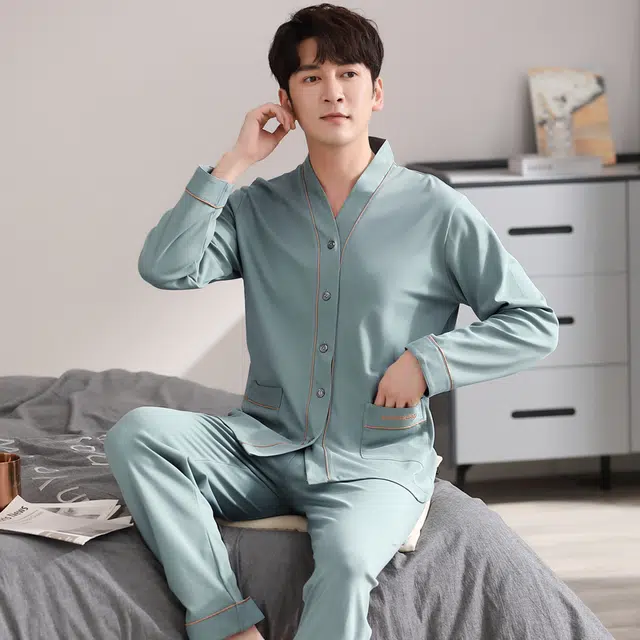 俏佳人 纯色开衫和尚领简约家居服休闲宽松亲肤舒适透气可外穿长袖长裤睡衣套装 男款