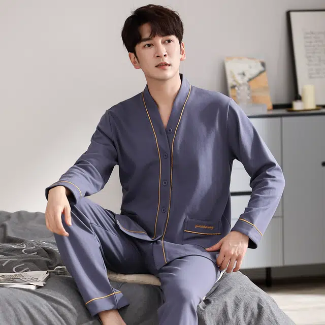 俏佳人 纯色简约开衫和尚领家居服休闲宽松亲肤舒适透气可外穿长袖长裤睡衣套装 男款