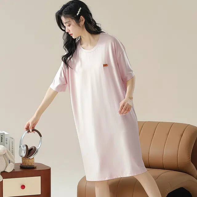 俏佳人 带胸垫垂感柔软亲肤透气短袖纯色休闲家居服睡裙 女款