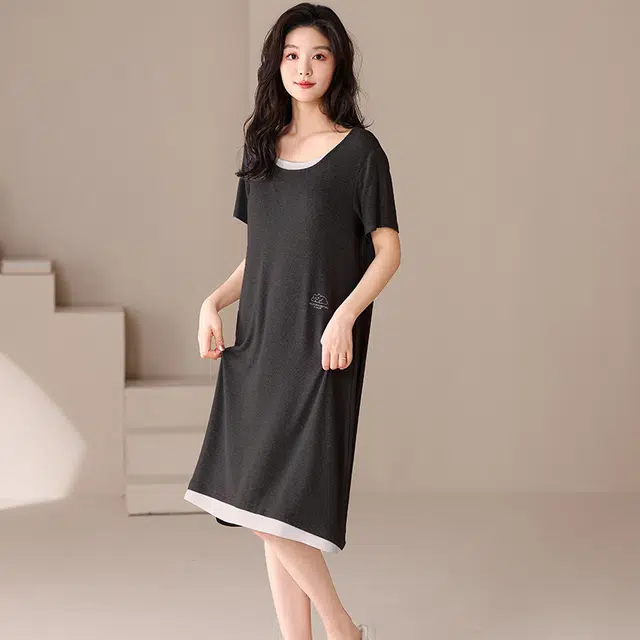 俏佳人 短袖带胸垫休闲慵懒风舒适可外穿透气垂感亲肤家居服睡裙 女款