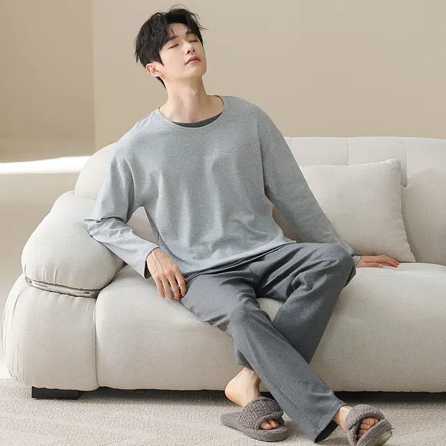 俏佳人 纯棉套头圆领休闲宽松可外穿家居服拼色柔软亲肤舒适透气长袖长裤睡衣套装 男款