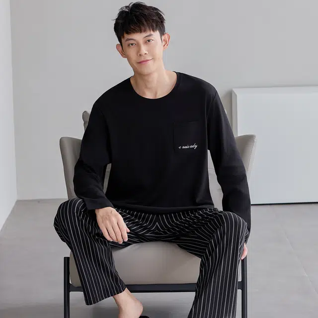 俏佳人 纯棉简约纯色圆领套头条纹可外穿家居服舒适亲肤透气长袖长裤睡衣套装 男款