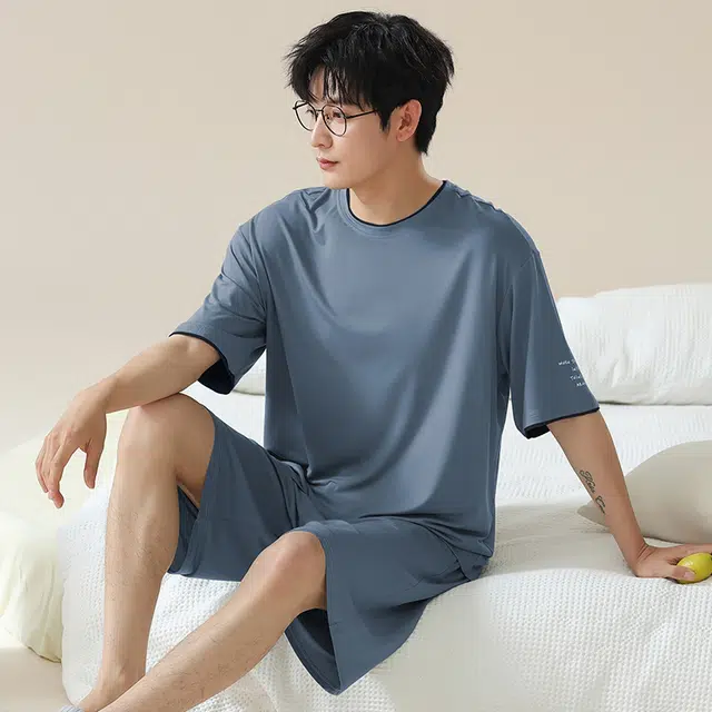 俏佳人 垂感柔软亲肤基础休闲短袖透气慵懒家居服睡衣套装 男款