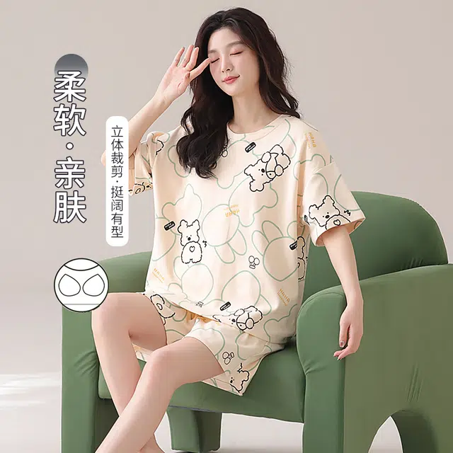 俏佳人 带胸垫纯棉圆领套头舒适透气慵懒休闲可外穿圆领短袖短裤家居服睡衣套装 女款