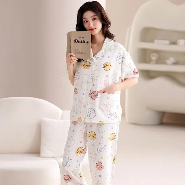 俏佳人 带胸垫三件套卡通舒适开衫透气亲肤短袖家居服睡衣套装 女款