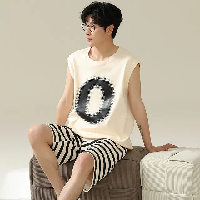 俏佳人 柔软休闲亲肤可外穿套头背心短裤慵懒宽松家居服睡衣套装 男款