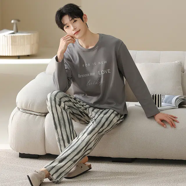 俏佳人 纯棉套头圆领休闲宽松可外穿家居服复古条纹字母柔软亲肤舒适透气长袖长裤睡衣套装 男款