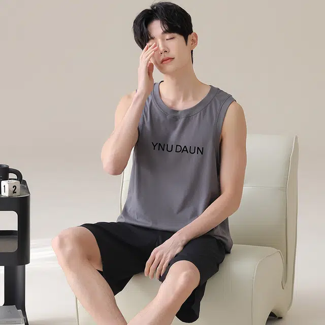 俏佳人 纯棉舒适套头透气简约休闲慵懒风可外穿背心家居服睡衣套装 男款